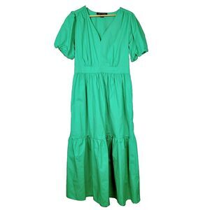 French Connection Dress L Kelly Green Puff Sleeve V-Neck A-Line‎ Tiered Midi
